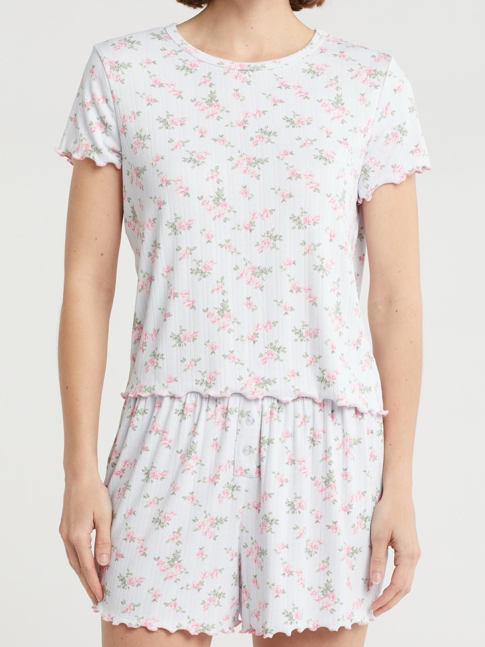 Light Pink Floral Ribbed Short Pajama Set